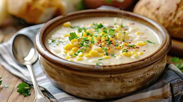 Zooming in on a Bowl of Corn Chowder Soup on a Wooden Table