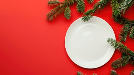 Christmas table decoration with empty plate on bright background Festive season theme Overhead view Ample space for text