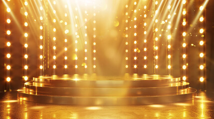 Glowing golden podium with spotlights for award ceremony or presentation