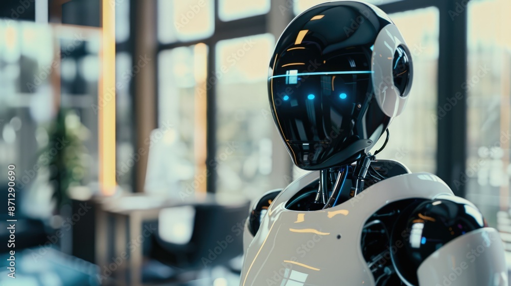 Poster high-tech robot assessing global trends displayed on a digital screen in a futuristic office setting