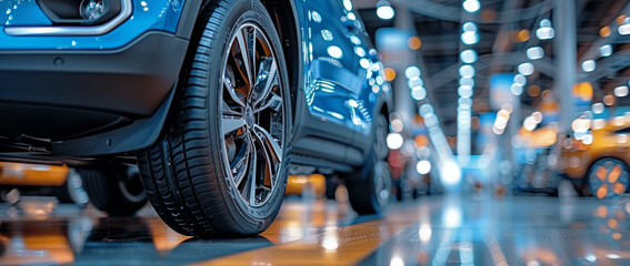 Obraz premium new blue SUV in luxury showroom buy lease rent sell car sales finance insurance vehicle dealer installment car care business