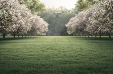 Obraz premium A serene path lined with blossoming trees leading into a lush green meadow. Sunlight filters through the leaves, casting dappled shadows on the grass.