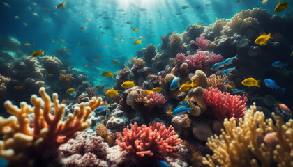 Fototapeta premium Aerial view of a vibrant coral reef teeming with colorful fish and marine life, sunlight filtering through the crystal-clear water.