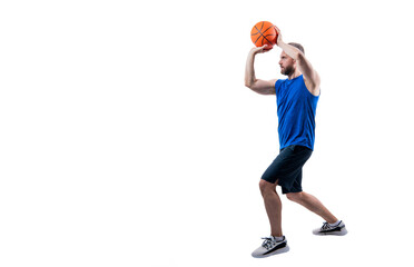 Slam dunk in motion. Man with basketball ball on court. Professional basketball player training...