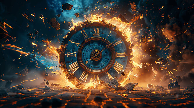 fantasy world clock explosion with flying Roman numerals and magical glow in cinematic blue 3D render - Powered by Adobe