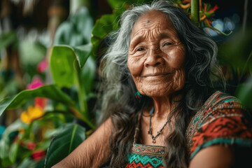 Portrait of Smiling Elderly Latin American Woman in Vibrant Community Garden Surrounded by Native Plants and Cultural Heritage