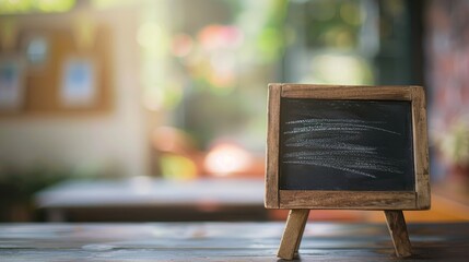 Mobile phone camera captures blurry image of small blackboard on stand