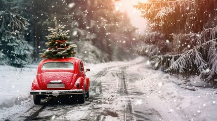 A red car adorned with a festive Christmas tree joyously welcoming the New Year amidst a picturesque snowy winter scene