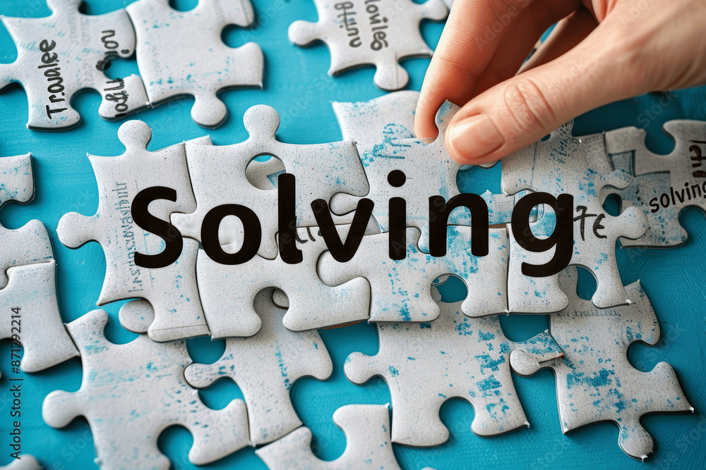 Poster hand assembling jigsaw puzzle with problem and solving words for creative business solution and inno