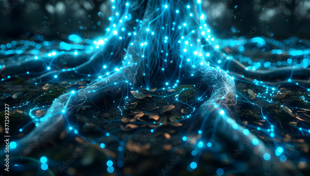 Poster magical tree roots emanating blue light in a mystical forest, creating an enchanting and ethereal at