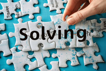 Hand assembling jigsaw puzzle with problem and solving words for creative business solution and innovation concept
