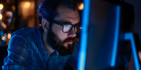 Man with glasses focusing intently on computer screen in dark room, illuminated by blue light, representing concentration and dedication.