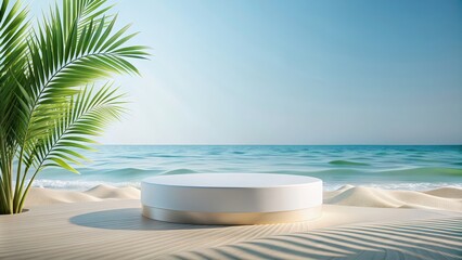 Obraz premium Abstract minimal display podium with summer beach scene for product or cosmetic presentation, render, abstract, minimal, display