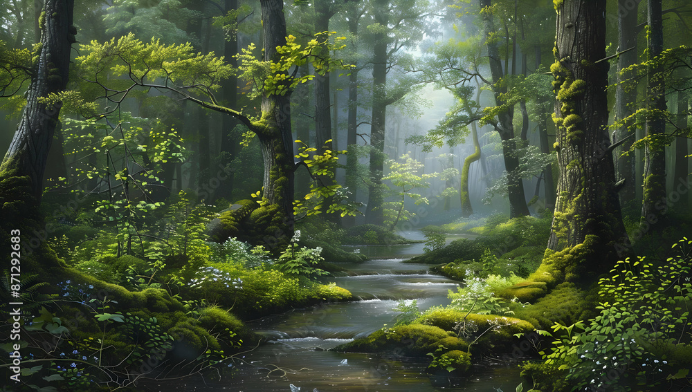 Poster serene forest scene with a gentle stream flowing through lush greenery, surrounded by tall trees and