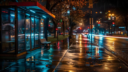 Fototapeta premium Rainy night cityscape with illuminated bus stop and streets reflecting vibrant neon lights, creating a moody urban atmosphere.