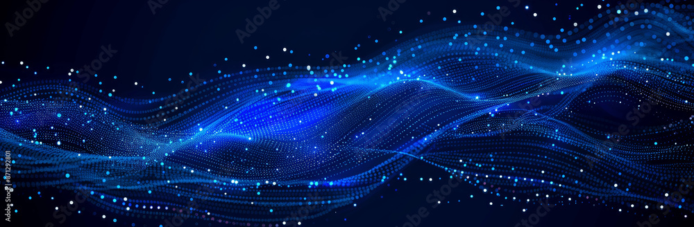 Poster blue wave lines and dots on dark background for web design or presentation futuristic technology