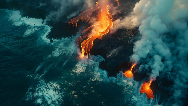 Stunning aerial view of molten lava flowing into the ocean, creating dramatic steam plumes and vibrant contrasts in nature.