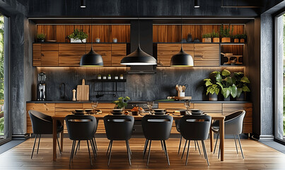 Luxury Wooden Kitchen Interior with Black Dining Table and Chairs, Wooden Cabinets, Dark Gray Walls, Modern Design for Home or Hotel