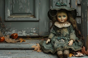 Doll in a costume sitting on a porch for Halloween.