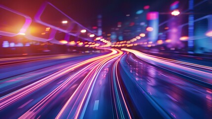 Obraz premium Neon road. Vector illustration of a road in a big city. Neon road background.