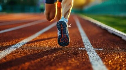 Athlete running on racetrack at stadium. Close up of athlete legs. Generative AI
