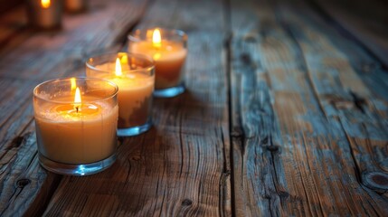 Placing wax candles in glass containers on a wooden table with room for text