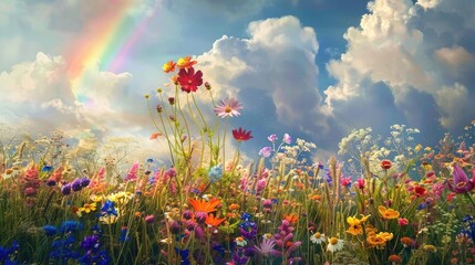 Frame the symphony of colors in a field of wildflowers under a rainbow