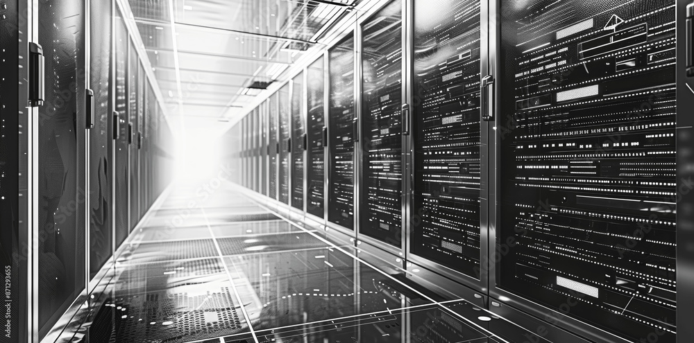 Poster black and white technical drawing of data center with server racks - high resolution vector illustra