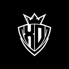 XD Letter logo with sharp triangle shield shape with crown inside white outline on black background template design