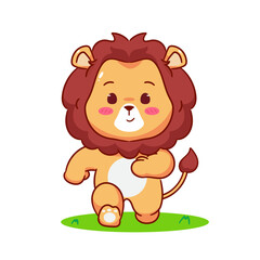 Cute Lion Running Cartoon Character. Adorable and Kawaii Animal Icon Mascot Concept Design. Logo Vector Illustration. Isolated White Background.
