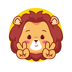 Cute Lion Peace Hand Sign Cartoon Character. Adorable and Kawaii Animal Icon Mascot Concept Design. Logo Vector Illustration. Isolated White Background.