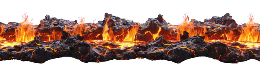 A horizontal border of lava and fire, isolated on a transparent background.