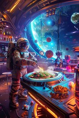 Long shot of an astronaut cooking gourmet dishes aboard a spaceship