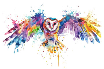 Watercolor owl with spread wings on a transparent background, colorful splashes.