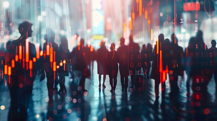 Crowd of businesspeople standing on blurry city wallpaper with forex chart. Trade and finance concept. Double exposure.