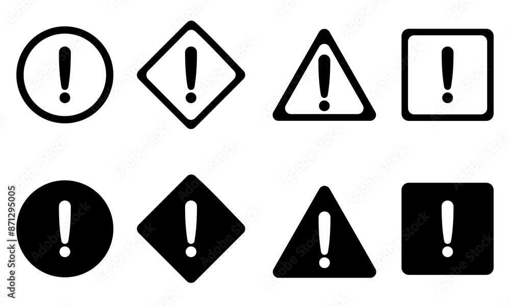 Wall mural Set of caution icon signs isolated on white background - Black and white exclamation marks - Collection of danger or warning signs - Alert icons in different styles