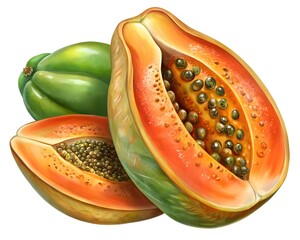 Whole and slices papaya fruit. 3d illustration. Isolated on white background.