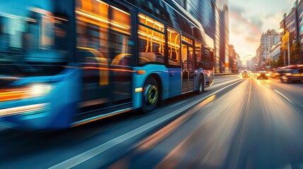 Close up city bus in motion on a city road highway on blurred buildings background. Generative AI
