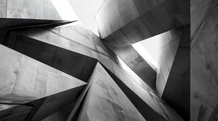 A dramatic black and white architectural photograph showcasing the sharp angles and concrete forms of a modern building.