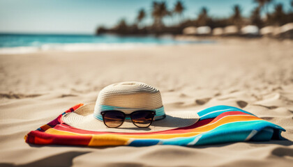 Low-angle shot of a colorful beach towel spread out on the sand, with a straw hat and sunglasses resting on top.