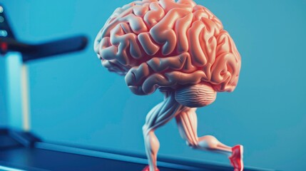 Closeup human brain 3D character running on a treadmill on isolated blue background . Generative AI
