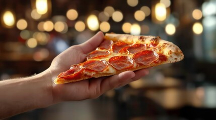 Closeup man hand holding slice of pepperoni pizza on blurred cafe background. Generative AI