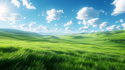 Fototapeta premium Lush Green Grass Meadow Under Blue Sky with Clouds on Sunny Day. Vibrant Summer Spring Countryside Landscape. Fields, Hills, Nature, Rural Scene