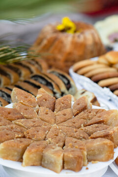 Almond pies on the table with sweets