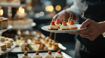 Closeup waiter serving finger food dessert on the tray during a cocktail parties or events catering. Generative AI