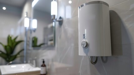 Closeup water heater in a modern bathroom with mirror and washbasin sink. Generative AI