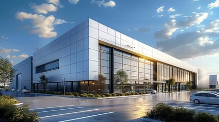 Modern Warehouse and Office Complex with Parking and Green Area under Blue Skies