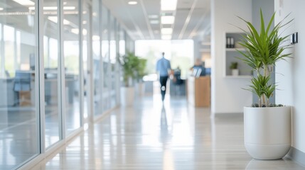 A man walks down a bright, modern office hallway with glass walls and plants.