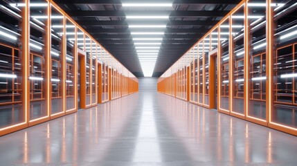 Obraz premium Neon-lit long aisle in a futuristic warehouse, orange pallet racks, high-tech conveyor systems, efficient logistics in a brightly illuminated space