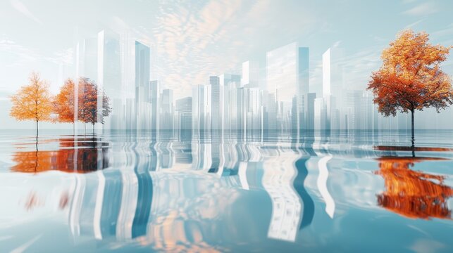 Skyscrapers amidst autumnal landscape with rippling water, digitally manipulated reflections, futuristic architecture and surreal vibes